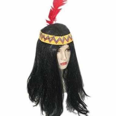 Carnavalskleding indianen pruik zwart haar veer helmond