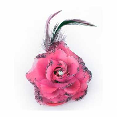 Carnavalskleding  Roze glitterbloem elastiek speld helmond