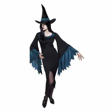 Dames heksencarnavalskleding jurkje zwart/blauw helmond