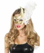 Carnavalskleding goud wit venetiaans oogmasker bloem veer helmond