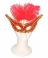 Carnavalskleding oogmasker rood goud veren volwassenen helmond