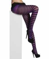 Carnavalskleding panty denier zwart paarse strepen dames helmond