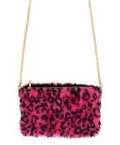 Carnavalskleding pluche handtas roze panterprint nepbont helmond