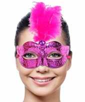 Carnavalskleding roze dames masker veer helmond